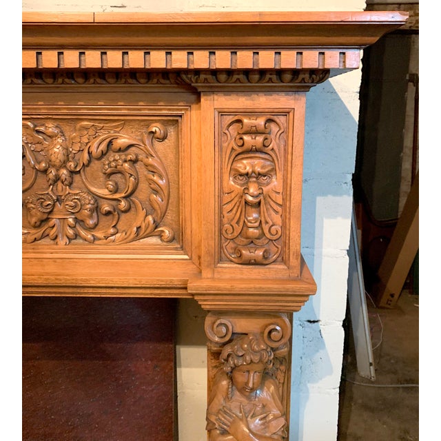 Renaissance Revival Style Carved Oak Mantel With Eagles, Rams Heads, Mermaids, Cherubim and "Green Men" For Sale In New York - Image 6 of 9
