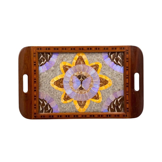 Brown Mid-Century Modern Inlaid Wood and Butterfly Wing Tray, Brazil, 1950s For Sale - Image 8 of 12