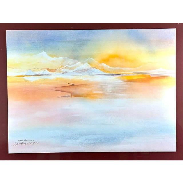 Abstract Expressionism Mid 20th Century Vintage Pencil Signed and Numbered Watercolor Painting Print of Dreamy Pastel Mountain and Sky Scene, by Lambrecht, Framed For Sale - Image 3 of 10