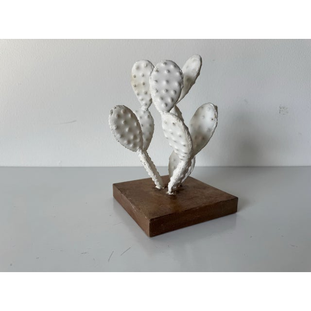 Mid-Century Modern Vintage White Metal Cactus Table Sculpture on Wood Base – Signed Illegible For Sale - Image 3 of 10