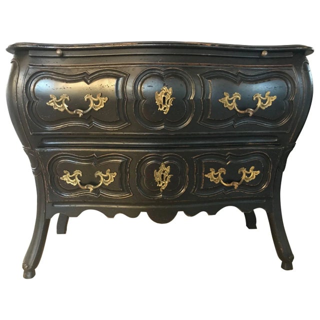 Black Distressed Bombe Commode With Bronze Mounts and Pull-Out Tray Top For Sale - Image 11 of 11
