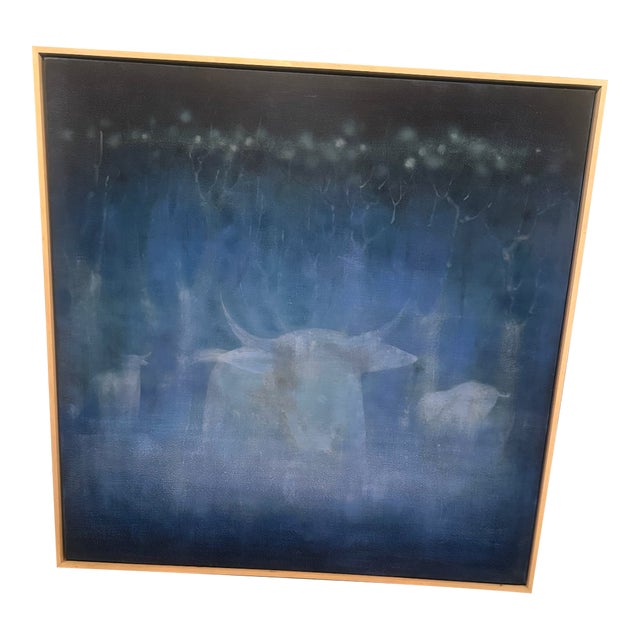 1990s Dt White " the Blue Bull" Oil on Canvas Painting For Sale