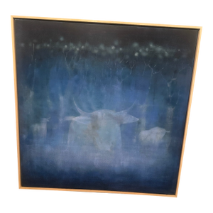 1990s Dt White " the Blue Bull" Oil on Canvas Painting