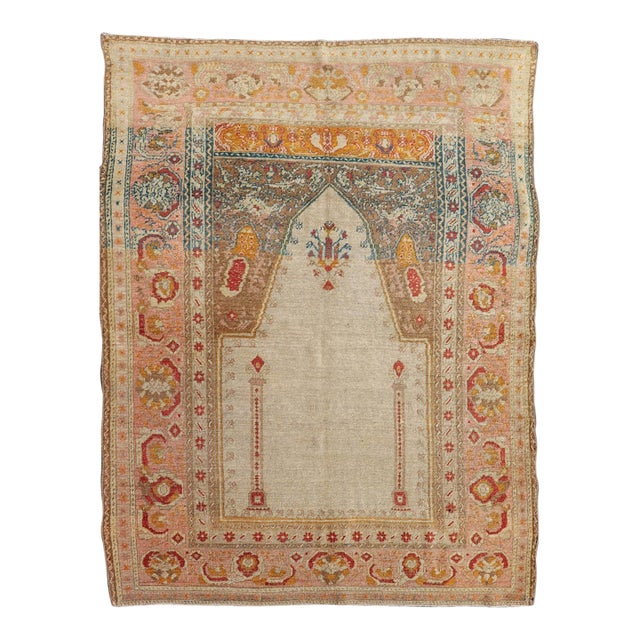 Antique Turkish Sivas Prayer Rug With Floral Design in Ivory, Taupe, and Pink For Sale