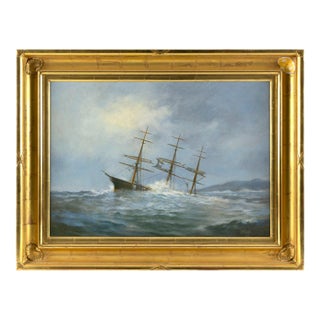 American School 19th Century Ship in Distress. Signed Lower Right "Ch Swift". Oil on Canvas For Sale