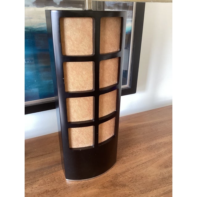 Late 20th Century Asian-Inspired Espresso-Stained Wood & Parchment Grid Table Lamps With New Shades - a Pair For Sale - Image 4 of 8