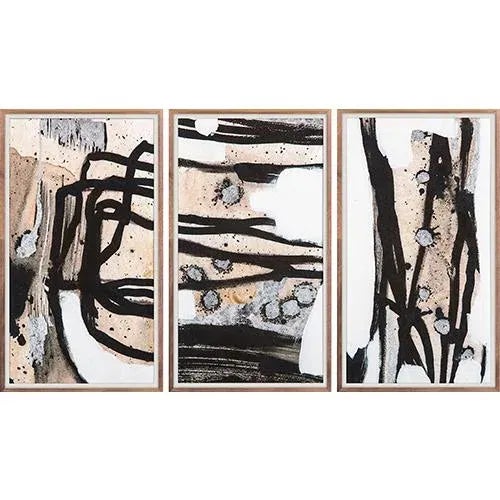 ZBC House Design Franz Triptych is defined by its charcoal black strokes, splatters, and boles moving across three panels...