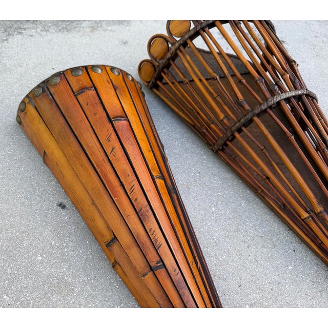 Contemporary Vintage Sculptural Rattan and Bamboo Wall Pockets, a Coordinated Pair For Sale - Image 3 of 11