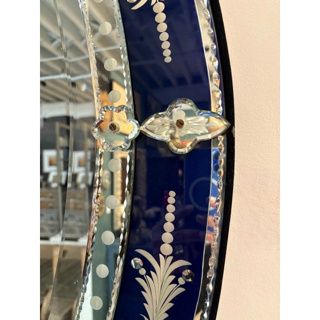 Blue Ornate Dark Blue and Etched Glass Oval Venetian Mirror For Sale - Image 8 of 10