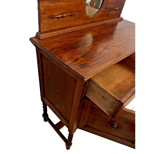 Antique Barley Twist Oak Server Cabinet Sideboard Buffet Console, Beveled Mirror For Sale - Image 10 of 17