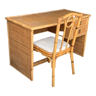 1970s Rattan & Seagrass Desk & Chair Set For Sale