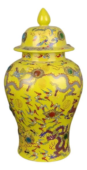 Chinese Vintage Ceramic Pot,Qing Dynasty Qianlong Marked Yellow Ground Color Enamel Porcelain Ginger Jar Hand Painted Dragon Pattern