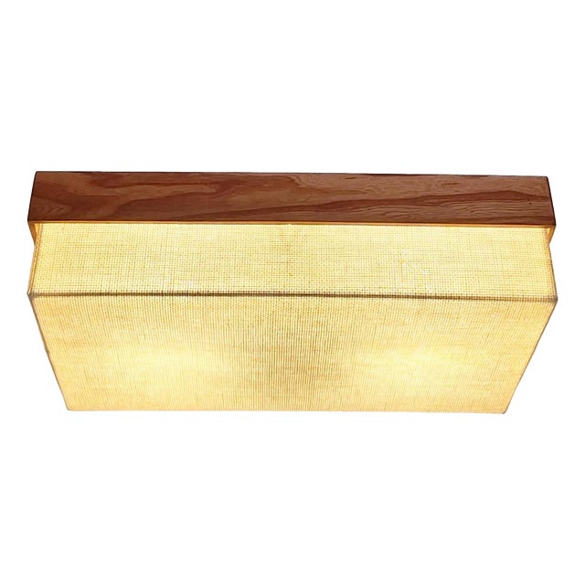 Mid-Century Minimalist Ceiling Lamp with Teak Frame and Reinforced White Linen Shade, 1960s For Sale