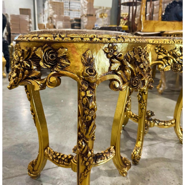 2020s French-Style Gilded Side Table Set of 2 – Beige Marble Top With Gold Leaf Floral Details For Sale - Image 5 of 8