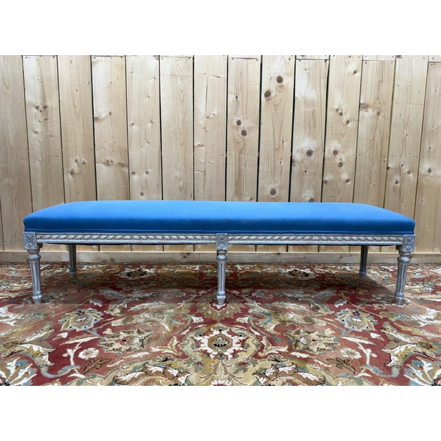 Brown Louis XVI Kitchen Bench in Wood with Blue Fabric For Sale - Image 8 of 8