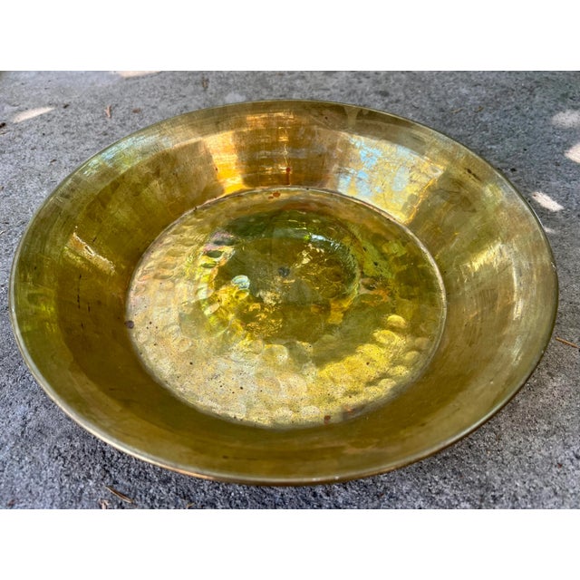 Rustic European Antique European Hammered Shallow Brass Bowl or Collection Plate For Sale - Image 3 of 7