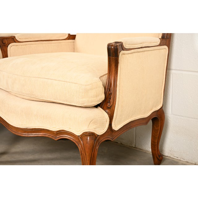Baker Furniture French Provincial Louis XV Carved Fruitwood Bergère Chairs, Pair For Sale - Image 9 of 14