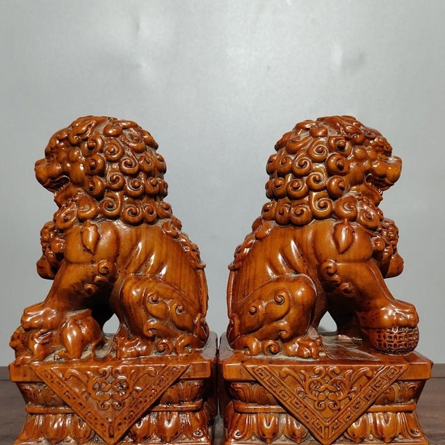 Pair of Hand-Carved Boxwood Guardian Lion Statues on Decorative Bases For Sale - Image 4 of 9