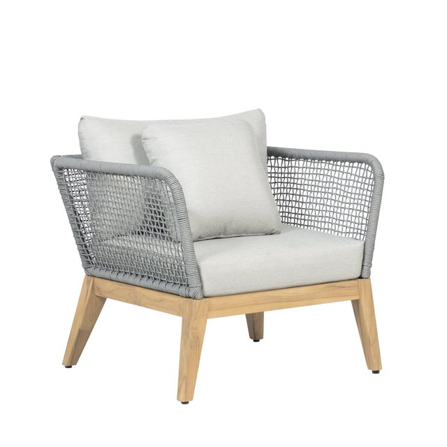 Modern Cypress Teak Wood Outdoor Arm Chair With Gray Rope Design For Sale - Image 3 of 12