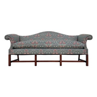 William Morris - Style Fabric Mid Century Chinese Chippendale Camelback Settee Sofa Couch Georgian Design For Sale