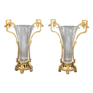 Louis XVI Style Ormolu Mounted Crystal Vases, Pair For Sale