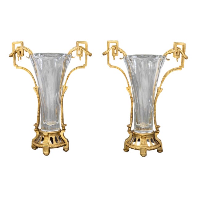 Louis XVI Style Ormolu Mounted Crystal Vases, Pair For Sale