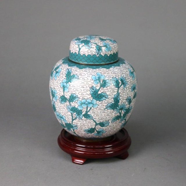 Pair of Antique Chinese Cloisonne Floral Enameled Covered Urns C1930 For Sale - Image 6 of 10