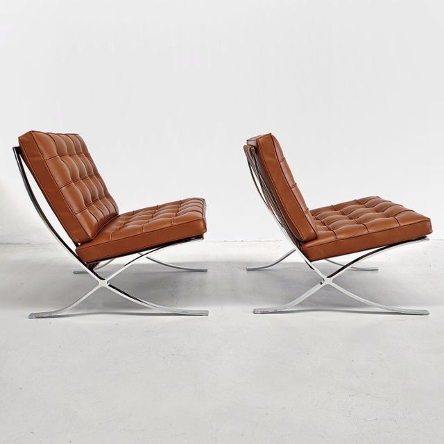 Ludwig Mies van der Rohe Barcelona Lounge Chairs in Tobacco Leather by Ludwig Mies van der Rohe for Knoll, 2010s, Set of 2 For Sale - Image 4 of 18