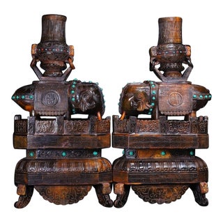 1940s Monumental Pair of Carved Horn Elephants - Chinese "Peaceful Elephant" Figures, 16kg For Sale