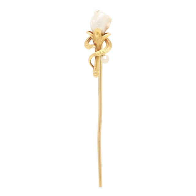 Signed Edwardian 14k Gold & Blister Pearl Figural Flower Stickpin For Sale