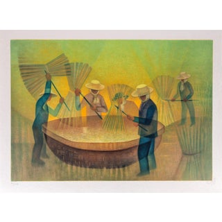 Louis Toffoli, Rice Threshers in Thailand, Original Signed Lithograph For Sale