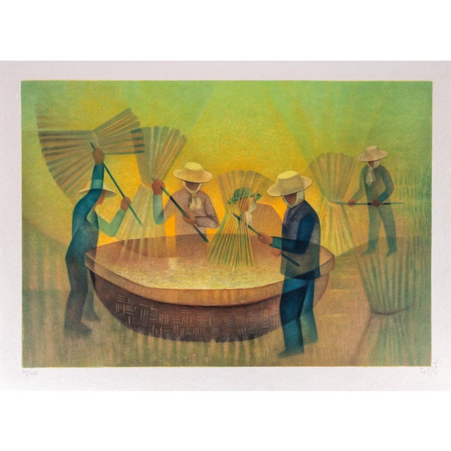Louis Toffoli, Rice Threshers in Thailand, Original Signed Lithograph For Sale