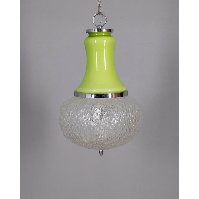 Pendant lamp with green glass body and decorated transparent glass lampshade, Italian design, 1970s. Up to 250V (Europe/UK...