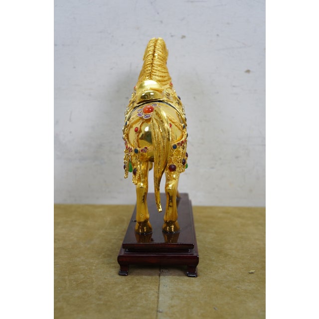 Vintage Chinese Gold Plated Jeweled Tang Horse Sculpture Statue 10" For Sale - Image 4 of 16
