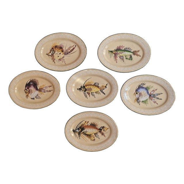 Vintage Italian Hand-Painted Fish Plates by Map Pesaro, 1950s Set of 6 For Sale