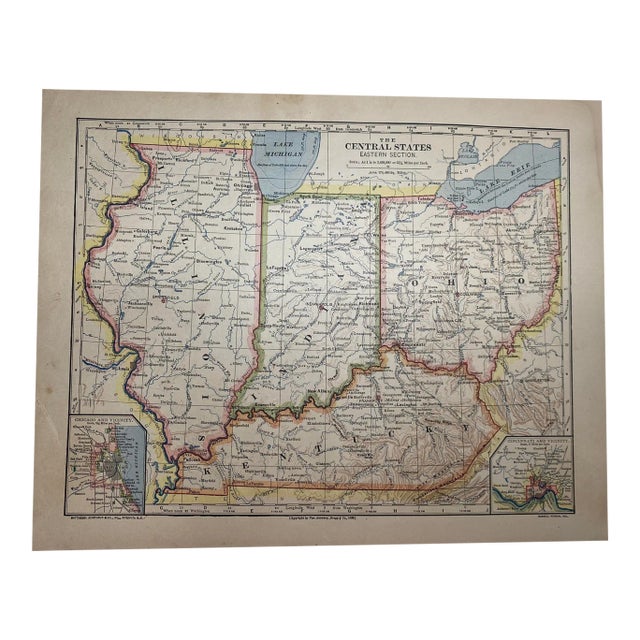 1883 Antique Illinois, Indiana, Ohio, Kentucky State Map For Sale