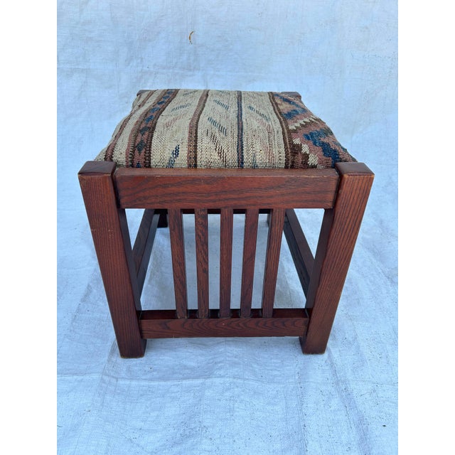 Vintage Mission Style Footstool Upholstered Vintage Kilim For Sale - Image 4 of 5