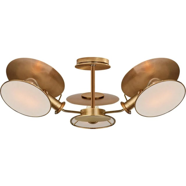 Modern Thomas O'Brien for Visual Comfort Signature Osiris Medium Reflector Semi-Flush Mount in Hand-Rubbed Antique Brass with Linen Diffusers For Sale - Image 3 of 4