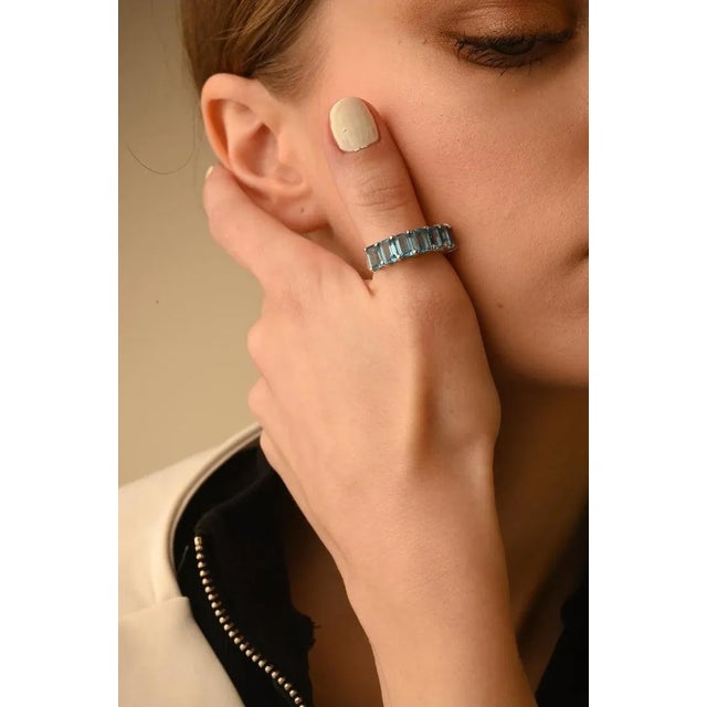 Metal 4.6Ct Emerald Cut Blue Topaz Art Deco Band Ring Size 7 For Sale - Image 7 of 14
