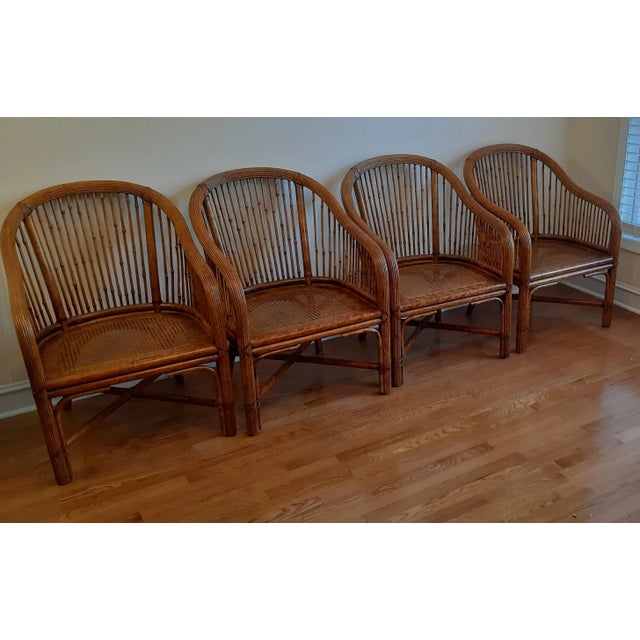 Matching Chinoiserie Bamboo Rattan Cane Club Chairs Set 4 For Sale - Image 4 of 13