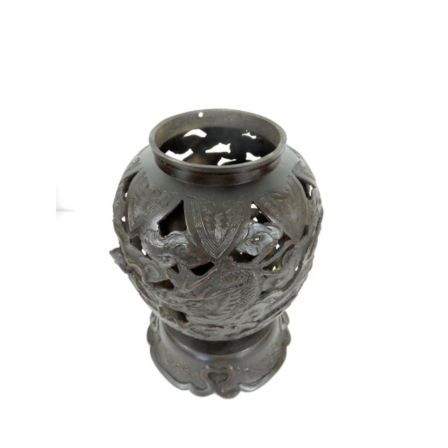 Old Japanese Bronze Reticulated Censer / Candle Lamp With Dragons and Clouds, Lantern, 2 Part For Sale - Image 9 of 11