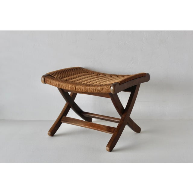 Mid-Century Danish Modern Hans Wegner Style Wood Rope Cord Folding Stool Ottoman For Sale - Image 10 of 18