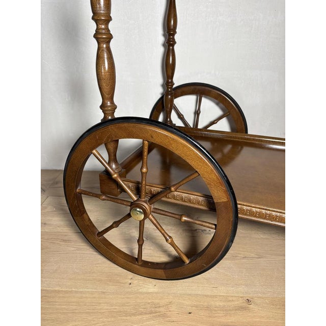 Mid-Century Modern Spanish Wooden Bar Cart with Turned Legs and Bottle Holder, 1940 For Sale - Image 13 of 14