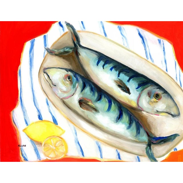 Mid-Century Modern "Two Fish and Lemons" Vintage Style Still Life Oil Painting by Alexandra Swistak, Framed For Sale - Image 4 of 9