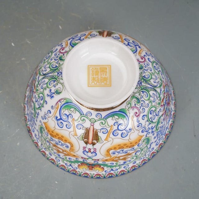 Mid 20th Century Enameled 6 Porcelain Bowls With Box – Famille Rose Style Deer & Floral Motif - 7 pcs For Sale - Image 16 of 18