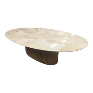 Large Faux Marble Pedestal Base Table With One Leaf For Sale