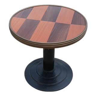 Vintage French Geometric Marquetry and Cast Iron Martini Side Table by Michel Postaire, 1980s For Sale
