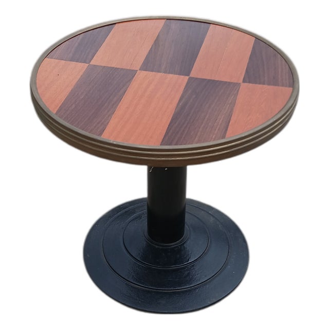 Vintage French Geometric Marquetry and Cast Iron Martini Side Table by Michel Postaire, 1980s For Sale