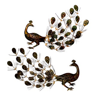 Vintage Facing Peacocks Wall Art Mid Hollywood Regnecy Original Metal Sculptures - A Pair For Sale