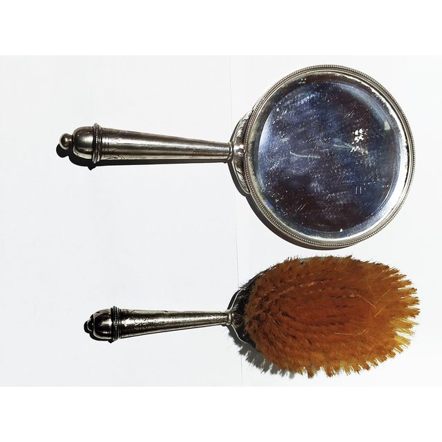 Metal Silver Hand Mirror and Silver Brush, 1800s, Set of 2 For Sale - Image 7 of 12